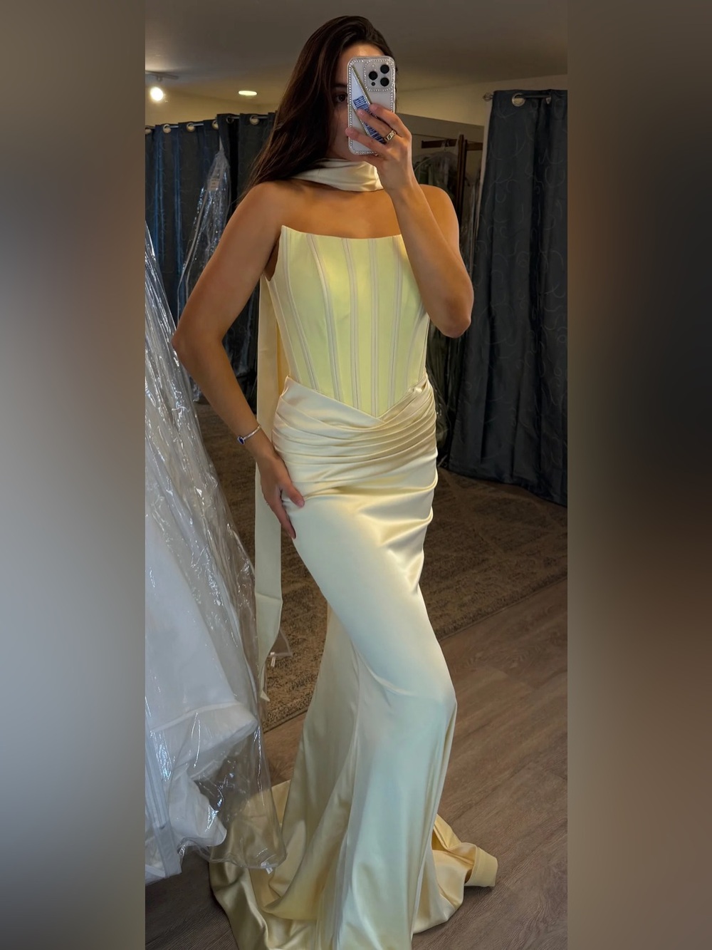 Portia and Scarlett Strapless Satin Corset Gown in Pale Yellow